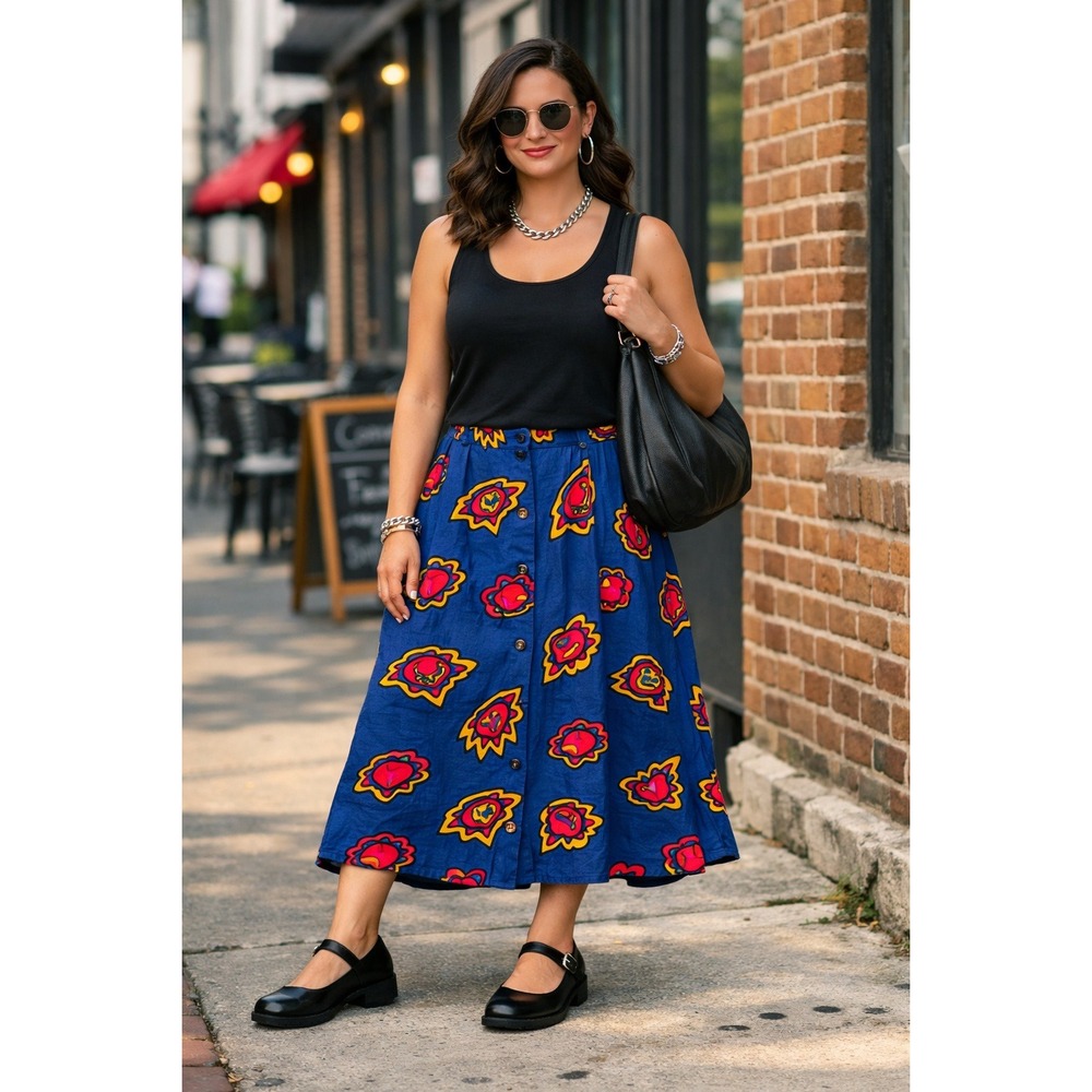 90s Vintage Maxi Skirt Womens Large Blue Eclectic Artsy Abstract Whimsical Retro